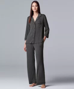 Women's Simply Vera Vera Wang Basic Luxury ¾ Sleeve Pajama Shirt & Pants Sleep Set