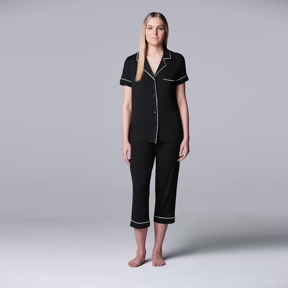 Women's Simply Vera Vera Wang Basic Luxury Notch Collar Pajama Shirt & Pajama Capris Set - Image 2