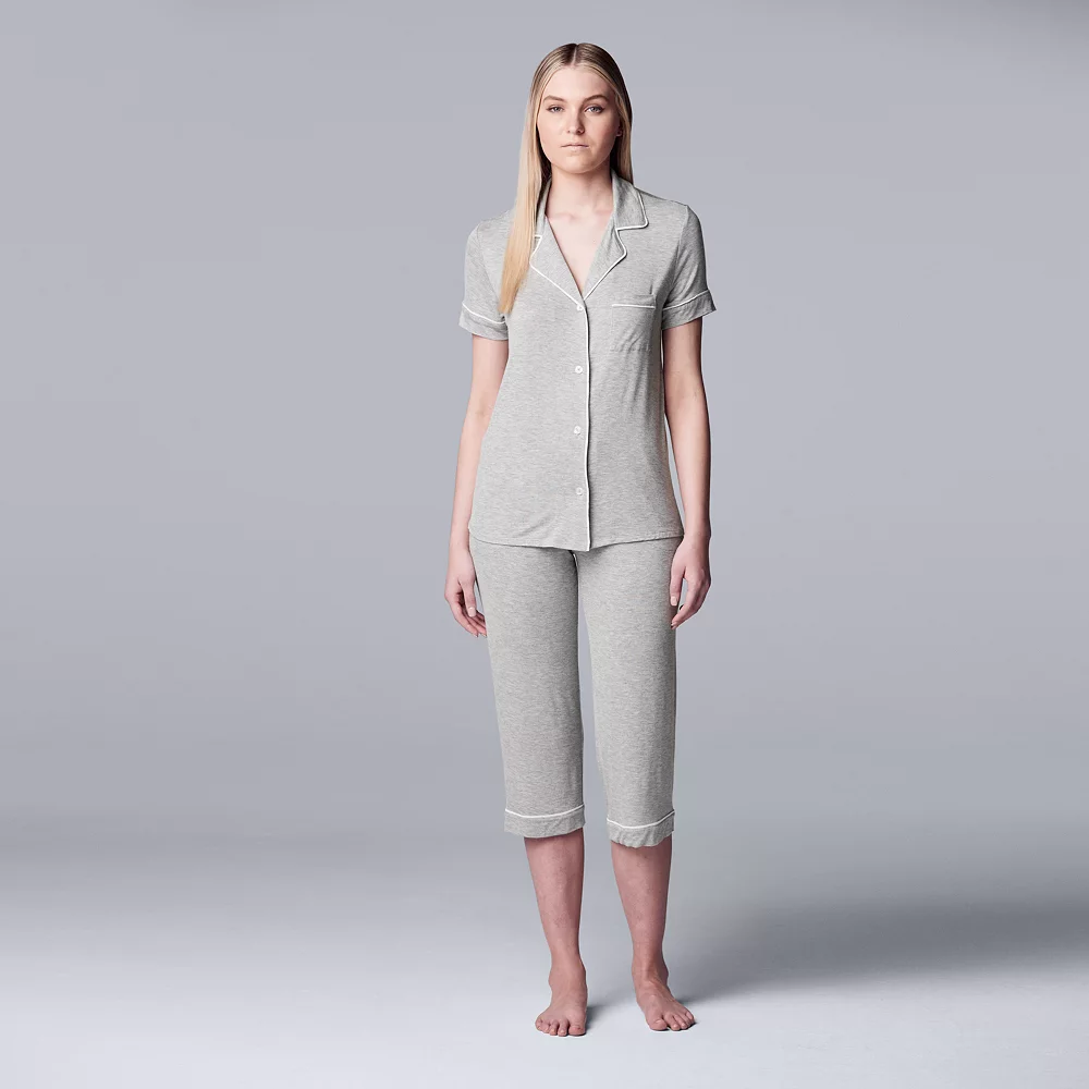 Women's Simply Vera Vera Wang Basic Luxury Notch Collar Pajama Shirt & Pajama Capris Set