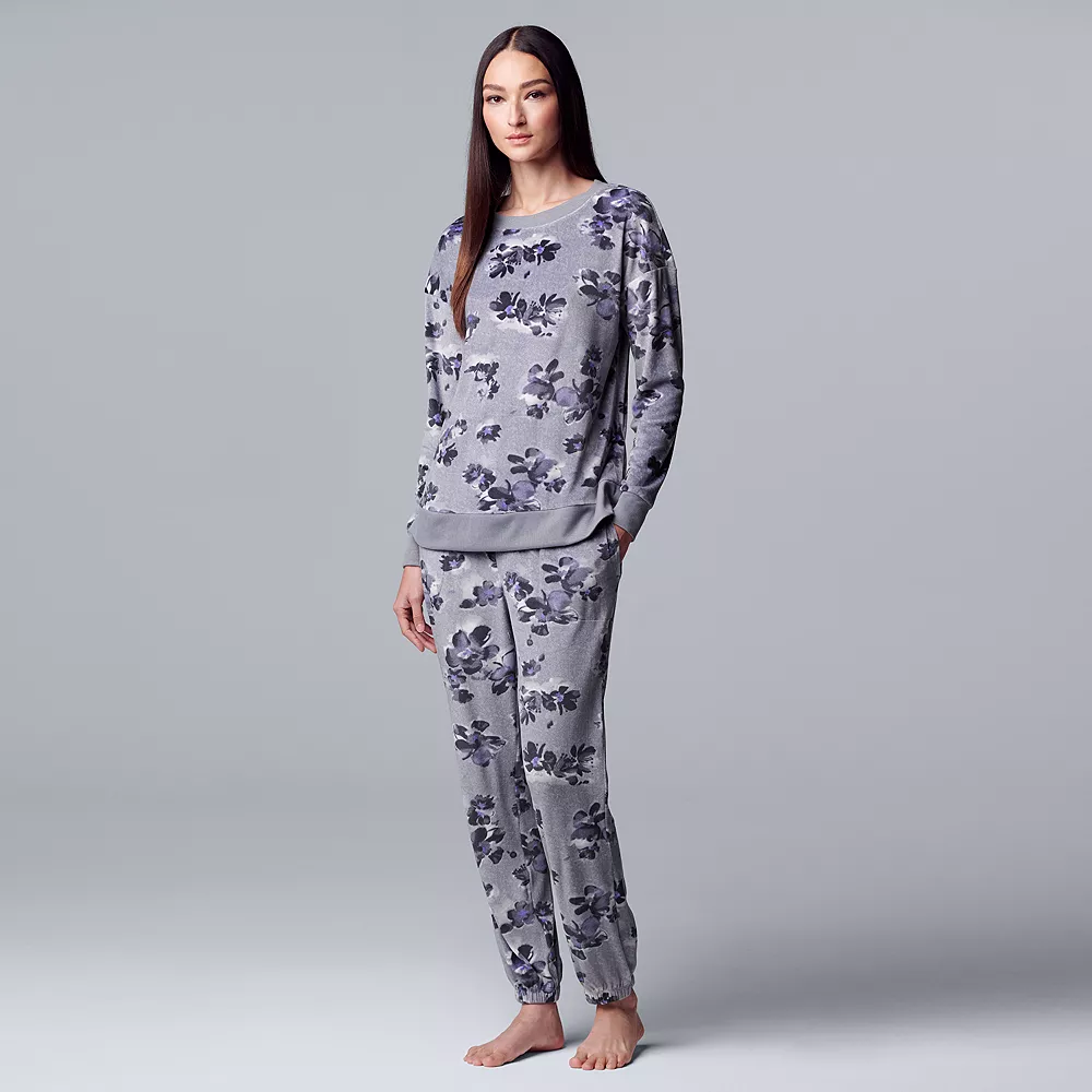 Women's Simply Vera Vera Wang Velour Pajama Top and Banded Bottom Pajama Pants Sleep Set