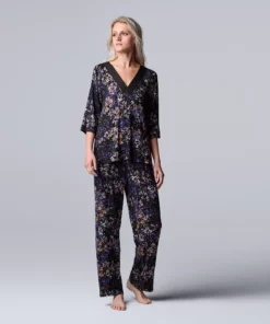 Women's Simply Vera Vera Wang 3/4 Sleeve Pajama Top and Pajama Pants Sleep Set with Satin Trim
