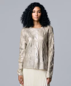 Women's Simply Vera Vera Wang Foiled Crewneck Cable-Knit Sweater