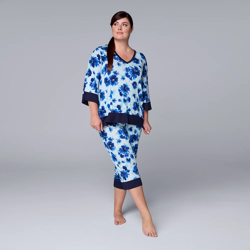 Plus Size Simply Vera Vera Wang 3/4 Sleeve Pajama Top and Capri Pajama Pants Sleep Set - Image 3