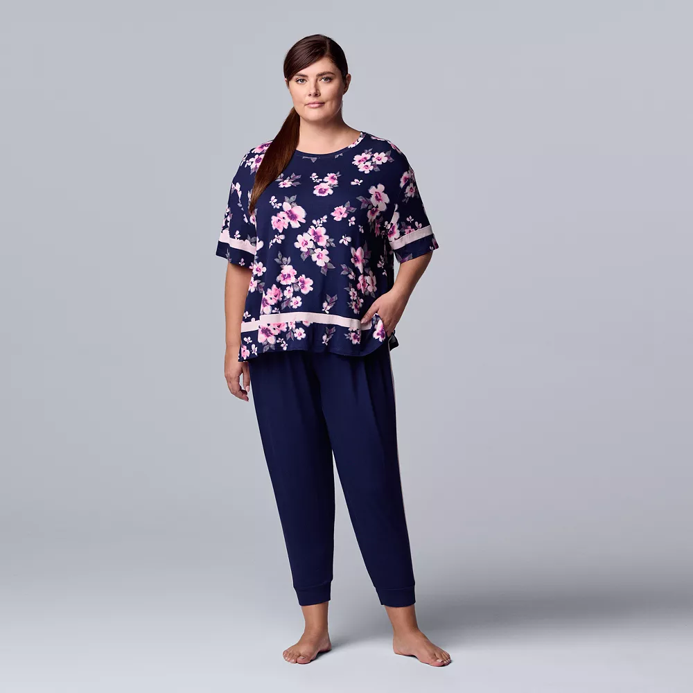 Plus Size Simply Vera Vera Wang Short Sleeve Pajama Top and Cropped Banded Bottom Pajama Pants Sleep Set