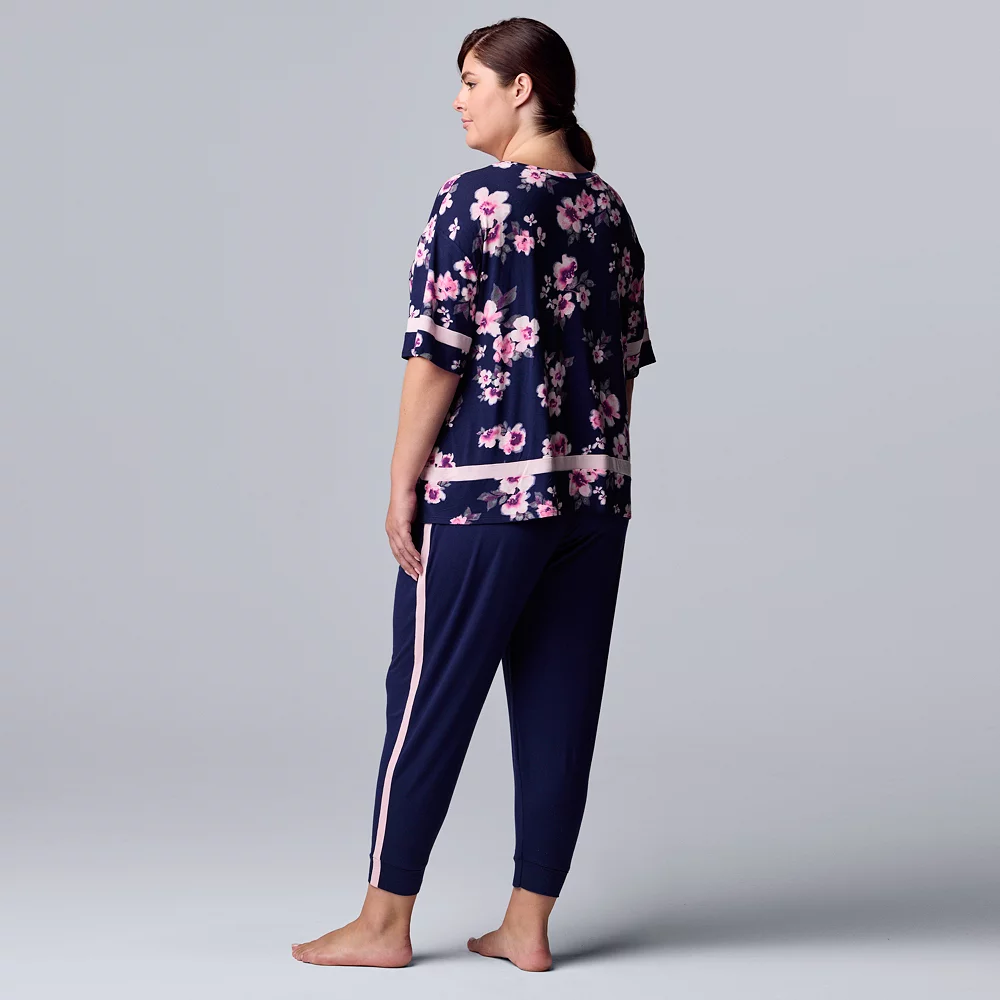Plus Size Simply Vera Vera Wang Short Sleeve Pajama Top and Cropped Banded Bottom Pajama Pants Sleep Set - Image 2