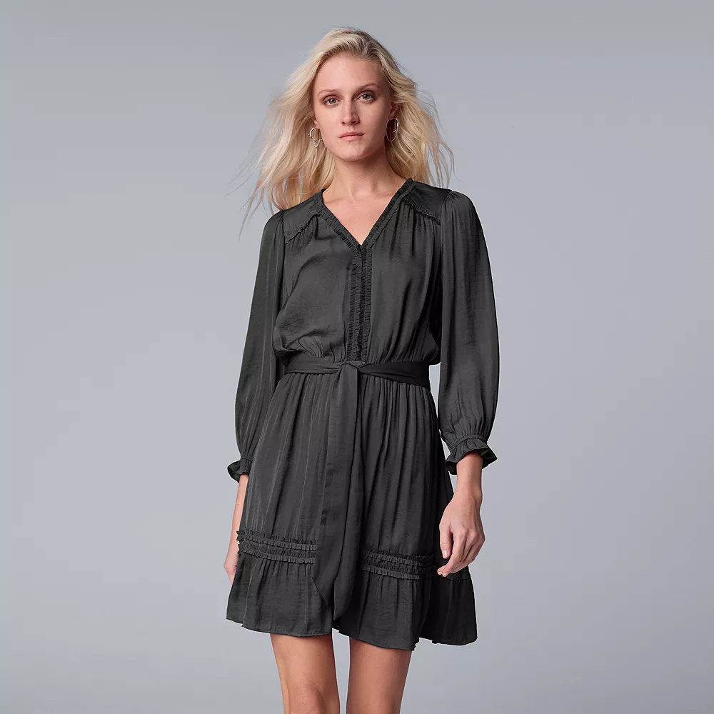 Petite Simply Vera Vera Wang Ruffle Satin Shirt Dress